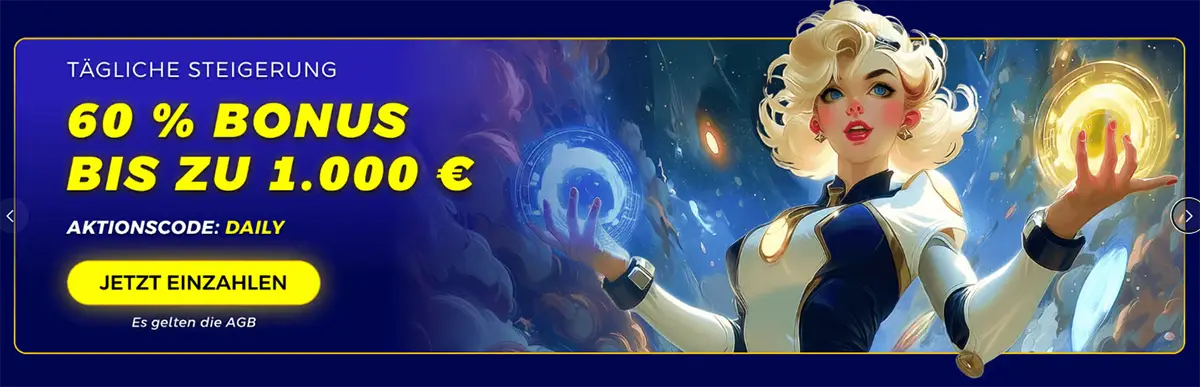 Casino promotion banner offering a 60% bonus up to €1,000, featuring a futuristic female astronaut with glowing energy spheres in her hands against a cosmic background.