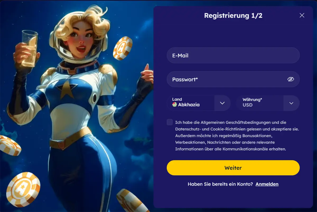 Online casino registration form in German beside an illustrated female astronaut holding a drink, surrounded by floating casino chips in a space-themed background.
